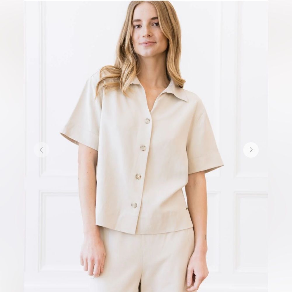 Cozy Earth Tan Short Sleeve Boxy Button Down Shirt